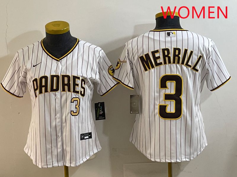 Women San Diego Padres #3 Merrill White Stripe Game 2025 Nike MLB Jersey style 1